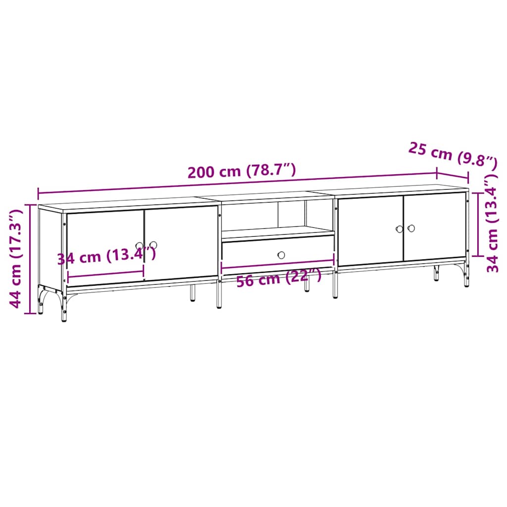 Tv-Skab Med Skuffe Sort Eg 200 X 25 X 44 Cm Konstrueret Træ