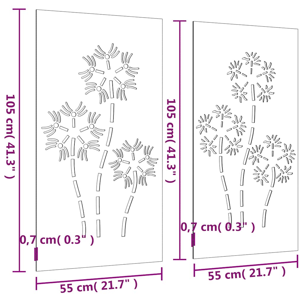 Udendørs Vægdekoration 2 Dele 105X55 Cm Blomster Cortenstål
