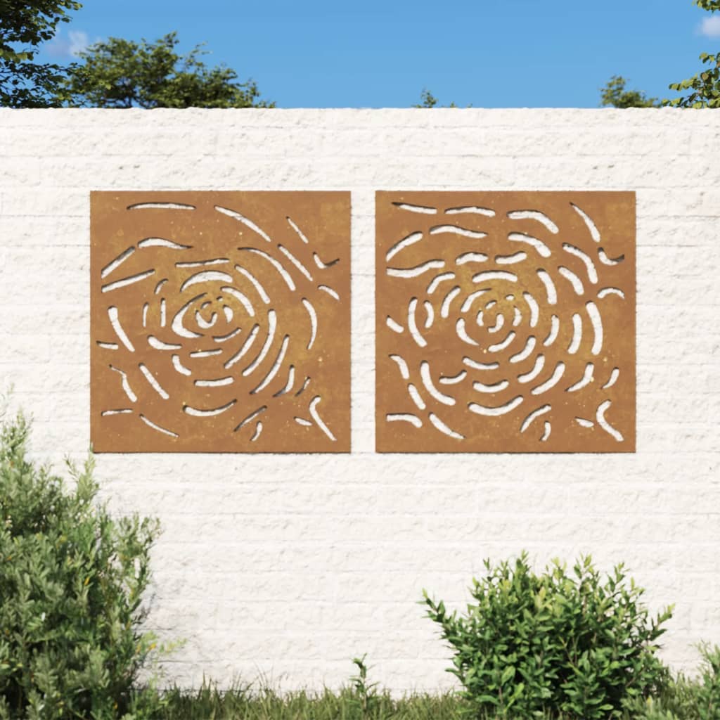 Udendørs Vægdekoration 2 Dele 55X55 Cm Rosedesign Cortenstål Gråbrun