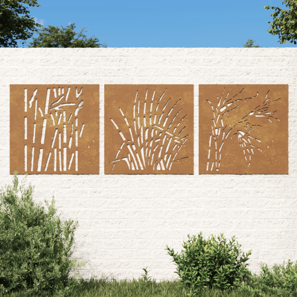 Udendørs Vægdekoration 3 Dele 55X55 Cm Græsdesign Cortenstål Sort