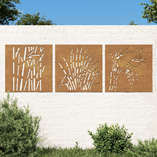 Udendørs Vægdekoration 3 Dele 55X55 Cm Græsdesign Cortenstål Sort