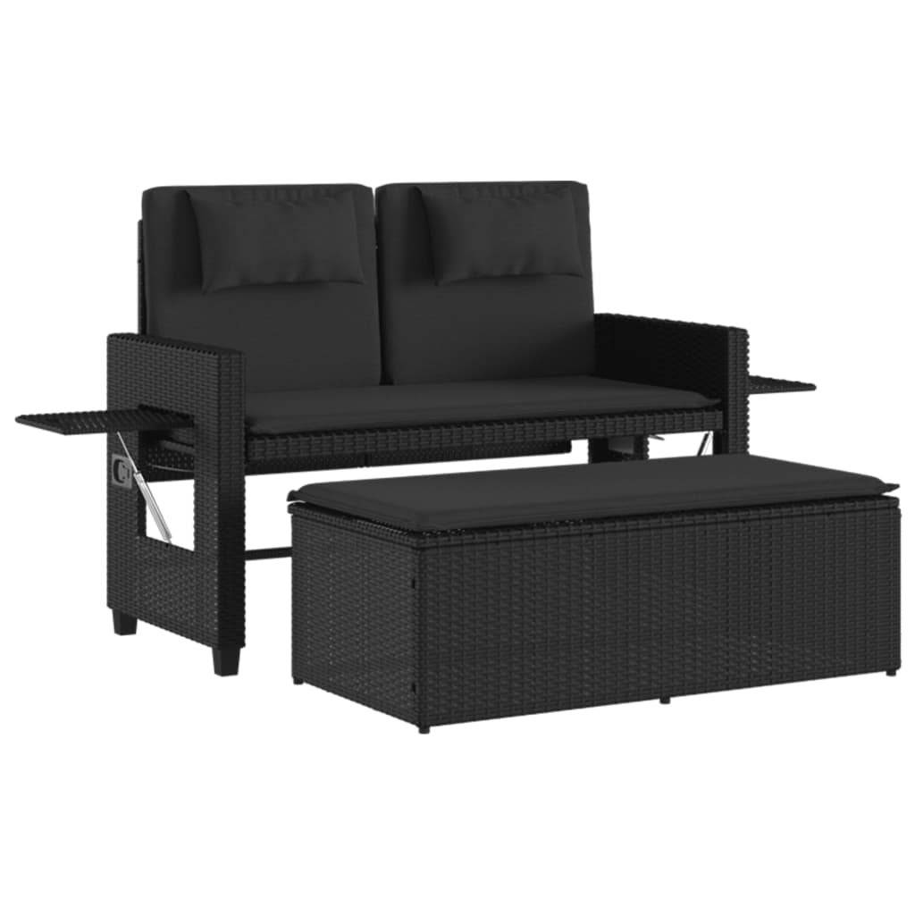 Havebænk Med Hynder Og Lænefunktion Polyrattan Sort