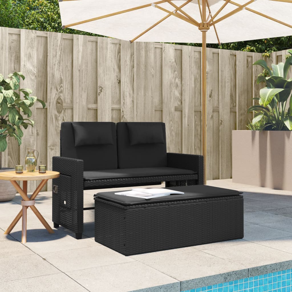 Havebænk Med Hynder Og Lænefunktion Polyrattan Sort