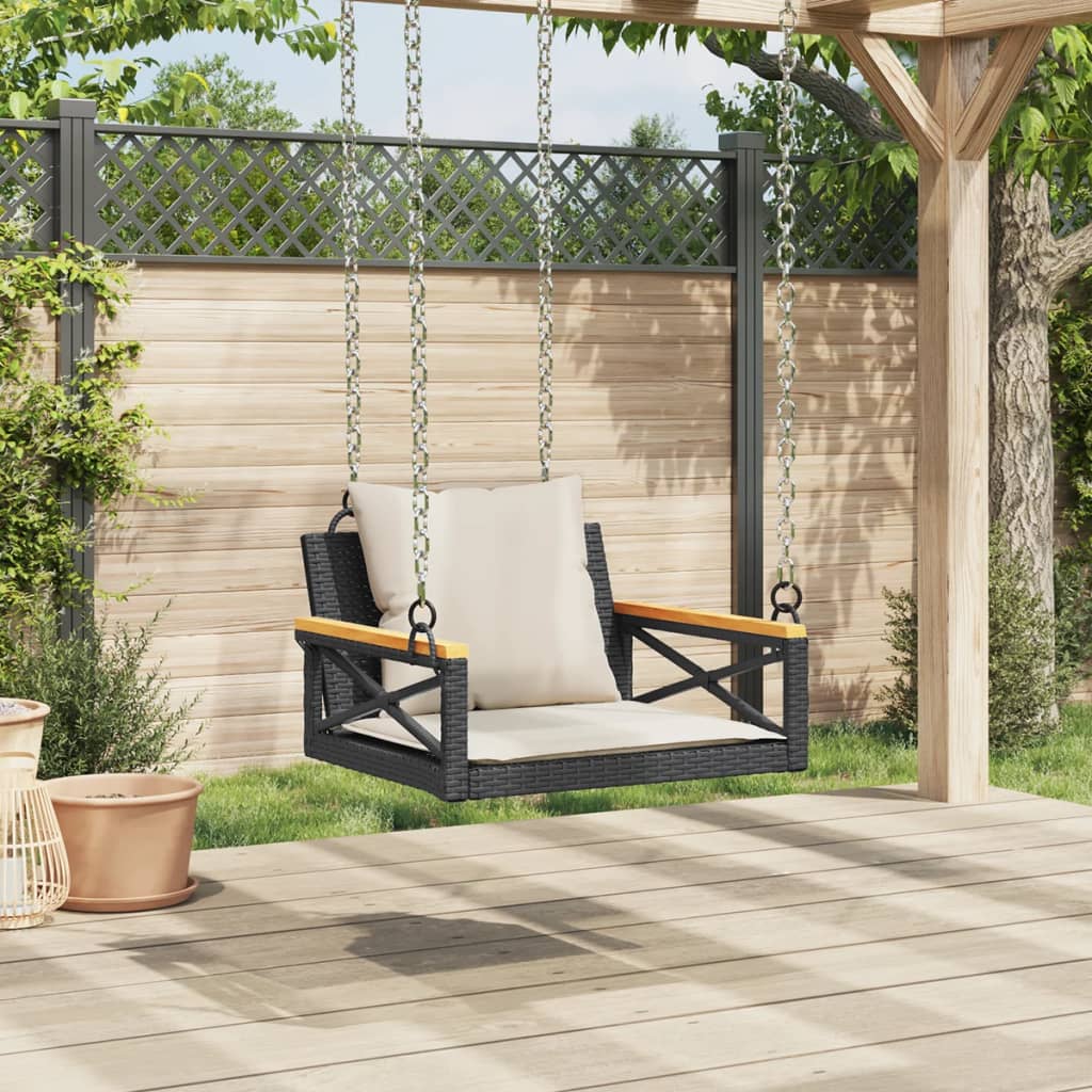 Gyngebænk Med Hynder Polyrattan Sort Sort Og Cremefarvet