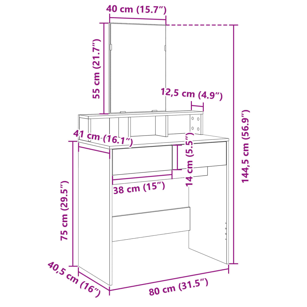 Makeupbord Med Spejl 80X41X144,5 Cm