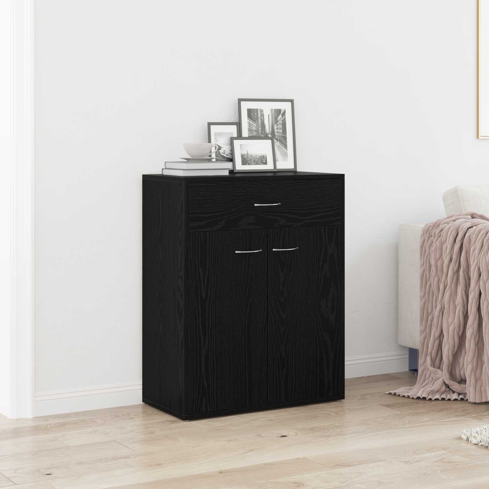 Sideboard Med Skuffe Sort Eg 60 X 30 X 75 Cm Konstrueret Træ