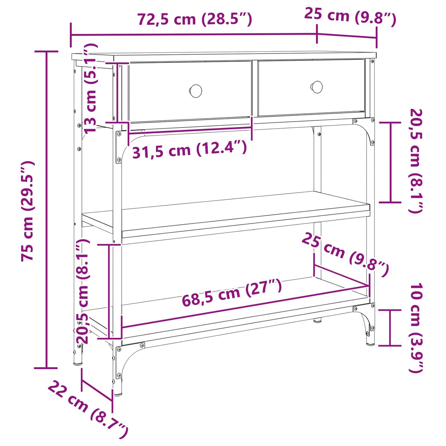 Konsolbord Med Skuffe Sort Eg 72,5 X 25 X 75 Cm Konstrueret Træ